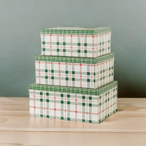 Soul & Lane Plaid Christmas Gift Box - Set of 3: Holiday Decor Storage Box, Decorative Photo Storage, Keepsake Boxes with Lids,