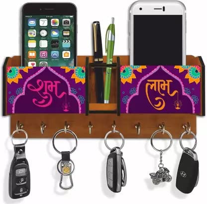 CW CRAFTS WORLD Decorative Wooden Key Holder | Key Holder with Mobile Stand and 8 Stainless Steel Hooks|