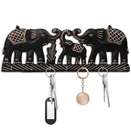 KAYY PRO Decorative Wooden Elephant Wall Key Holder, Black with Traditional Design, 6 Hooks