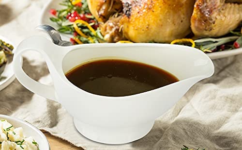 Nucookery Large Classic 17 Oz Gravy Boat With Warmer, White Fine Porcelain Saucier With Big Dripless Lip Spout, Bowl For Thanksg