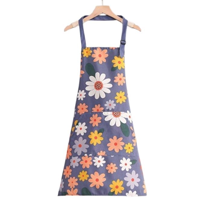 Texxokitch Canvas Kitchen Apron, Floral Cooking & Baking Apron With Pockets (Blue)