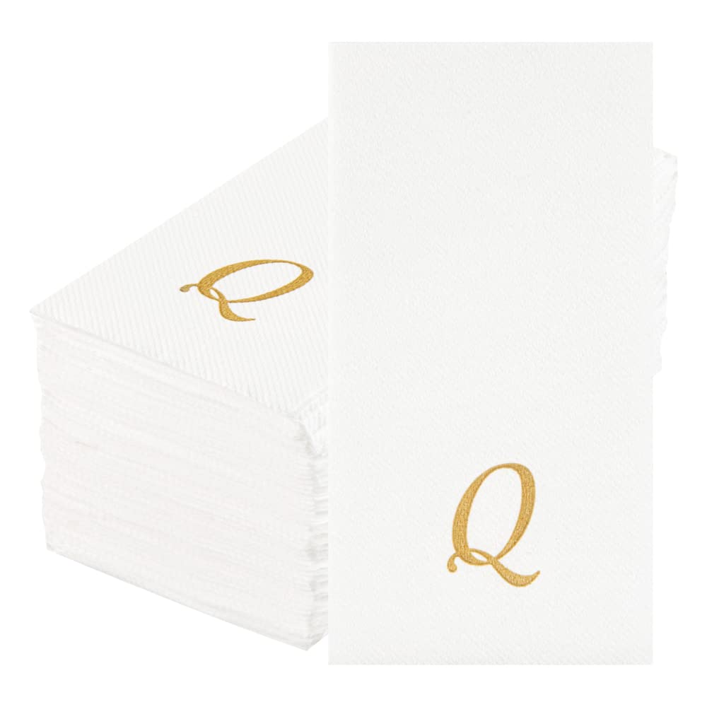 Luxenap 15.8 X 7.9 Inch Linen-Feel Guest Towels, 50 Lettered Hand Towels - Gold Letter 'Q', Cursive Font, White Paper Dinner Nap