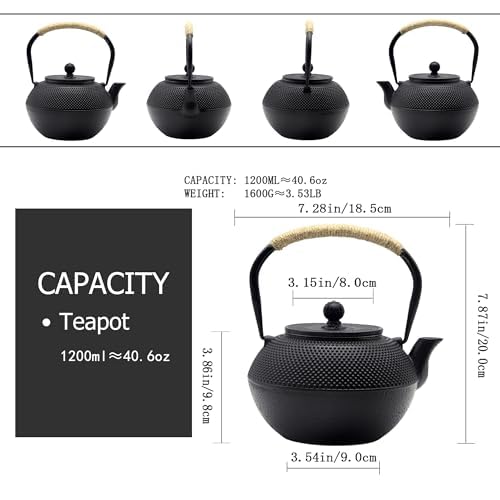 40.6Oz Cast Iron Teapot, Japanese Tetsubin Tea Kettle For Stovetop Safe, Black Cast Iron Tea Kettle With Tea Strainer For Loose
