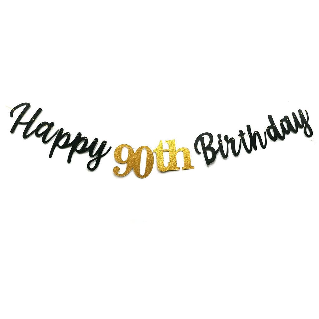 Black Happy 90Th Birthday Banner Sign Gold Glitter 90 Years Birthday Party Decorations Supplies Anniversary Celebration Backdrop