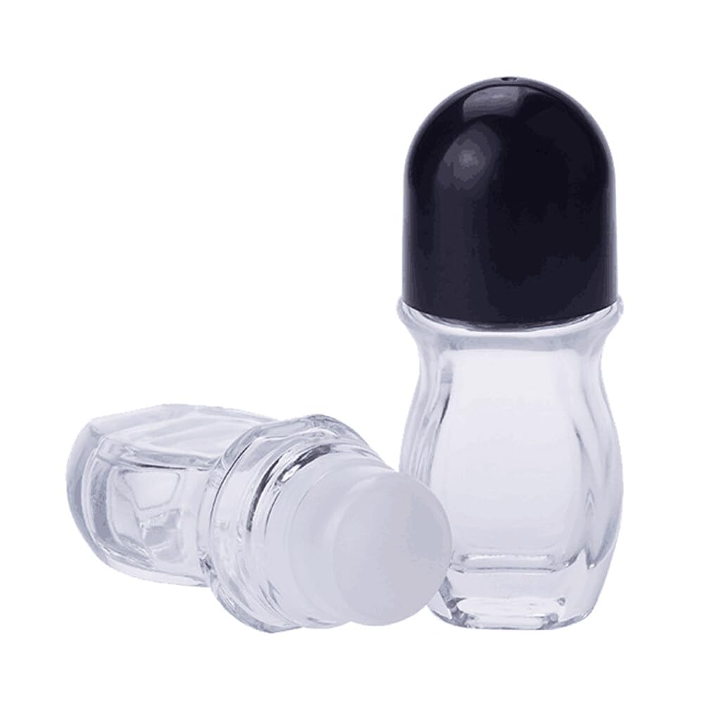 Quupy 2Pcs 50Ml Glass Roll-On Bottle Empty Clear Refillable Glass Roll-On Deodorant Bottle With Plastic Roller Ball And Black Ca