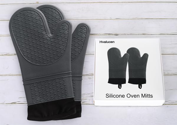 Hvalucen 2Pcs Silicone Oven Mitts Waterproof And Non-Slip Temperature Resistant To 500F 13 Inches Grey
