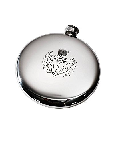 Wentworth Pewter Thistle Stamp Polished Round Pewter Sporran Flask, Spirit Flask, 4oz Capacity (Thistle Flask)