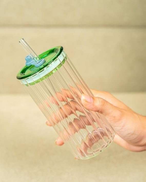 XVIRANTA Ribbed Clear Tumbler, 510ml, Plastic, Green Lid, with Reusable Straw, BPAFree, LeakResistant, Cold Drinks