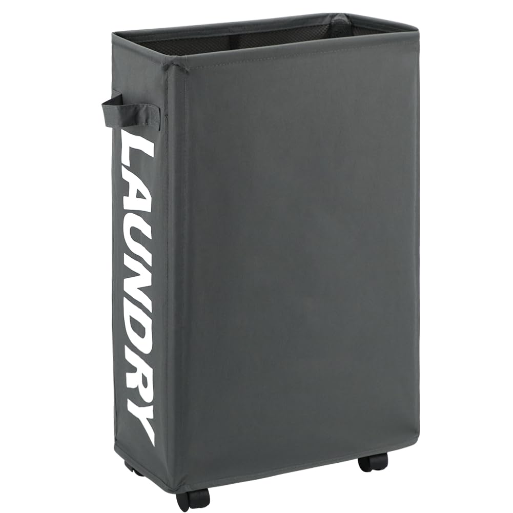 Maxsilan 25'' Slim Rolling Laundry Basket On Wheels, 50L Collapsible Narrow Corner Laundry Hamper, Foldable Storage Bins, Grey