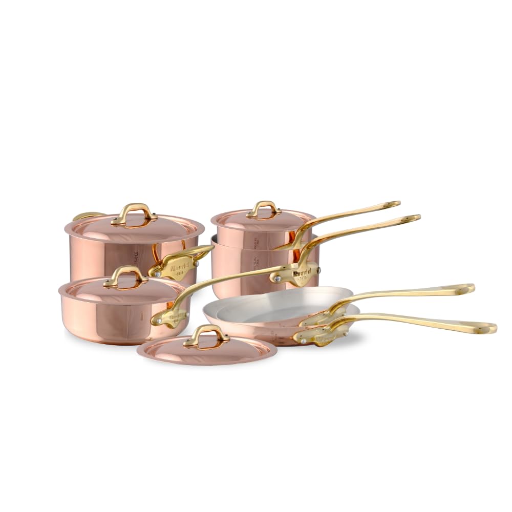 Mauviel MHeritage 150 B 1.5mm Polished Copper & Stainless Steel 10Piece Cookware Set With Brass Handles, Made In France