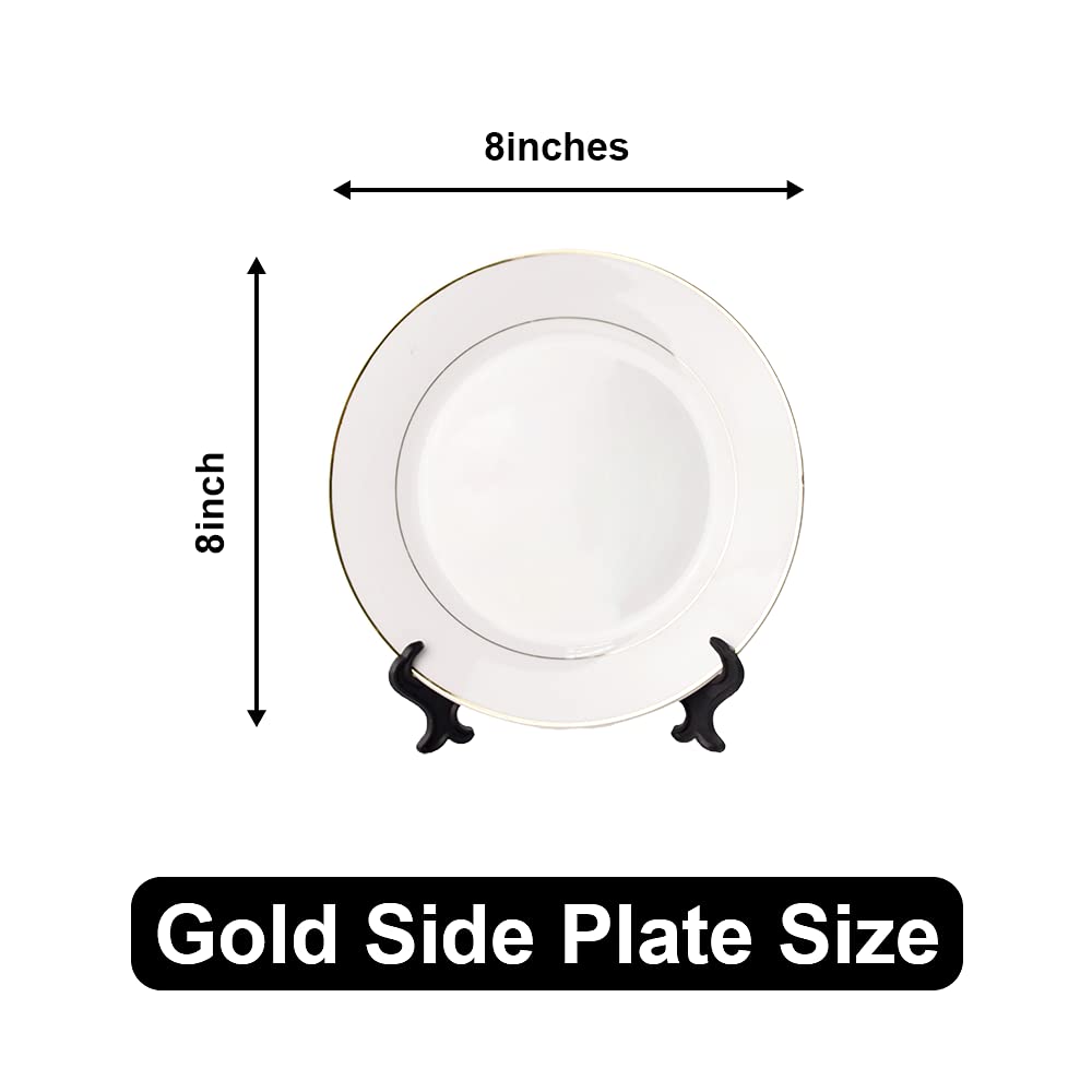 Mr.R Set Of 2 Sublimation Blanks White Ceramic Gold Rim Plate With Stand,Porcelain Plates, 8 Inch Round Dessert Or Salad Plate,