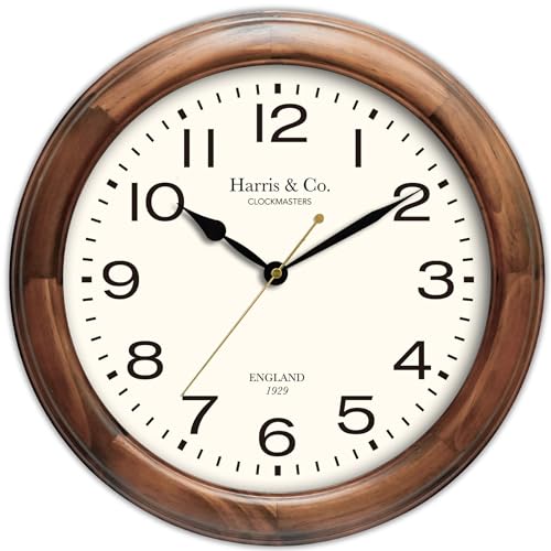Harris & Co. Clockmasters Vintage Classic Design Analog Wall Clock- 14 Inch (Wooden Dark Teak Frame & Hd Clear Glass) (Silent Sw