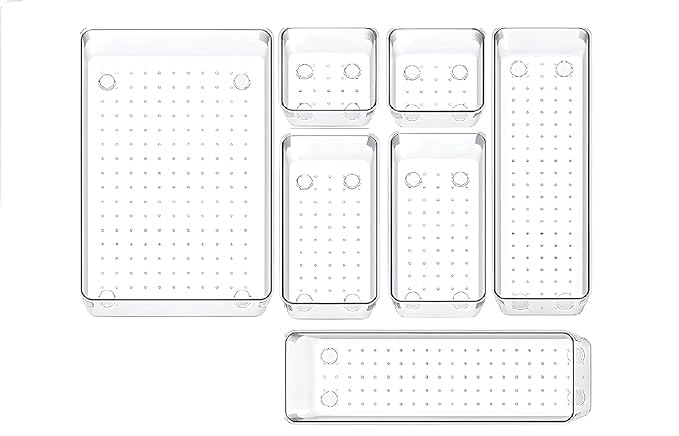 Lijie Clear Plastic Drawer Organizer Trays, Storage Bins For Bathroom Vanity, Kitchen, Office, Set Of 7