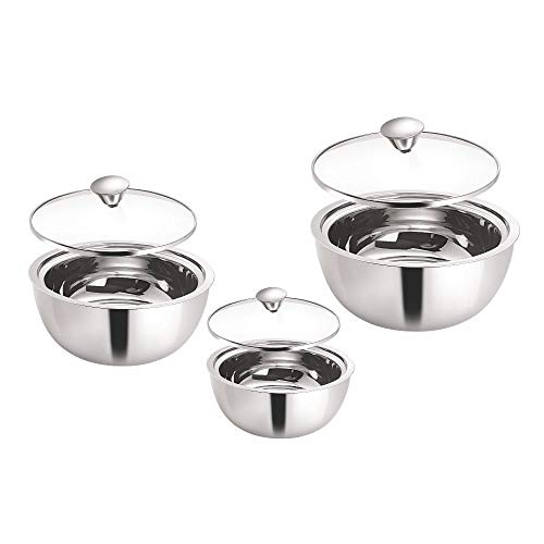 Borosil Stainless Steel Curry Server (Silver, 500Ml, 900Ml, 1.5L) - 3 Pc Set