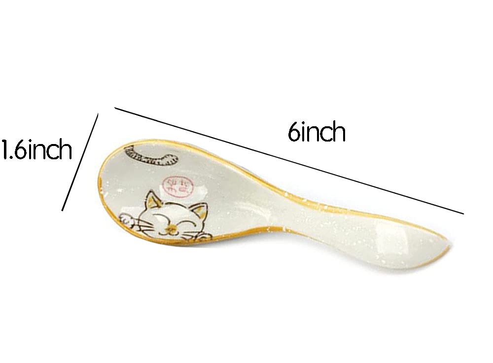 Mozacona 5Pcs Ceramic Soup Spoons Lucky Cat Hand Painted Dessert Spoons