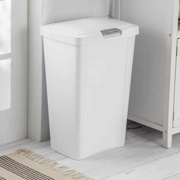 Sterilite 13 Gallon Touchtop Wastebasket W/ Lid, Opens With Touch, Trash Can For The Kitchen Or Mudroom, White, 4-Pack