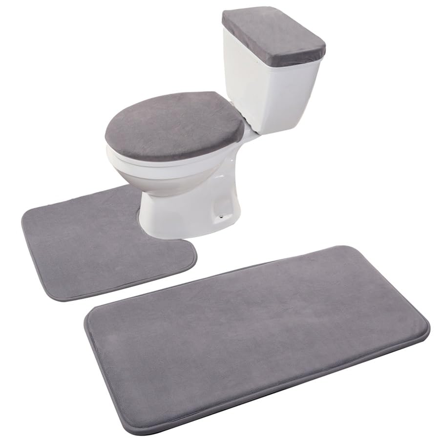 Madeals 3-Piece Bath Mat Set, Grey, Memory Foam Bath Mat And Toilet Tank Cover Set Combo, Non Slip, Machine Washable