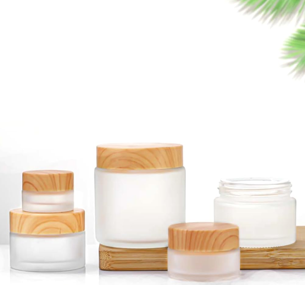 2 Pack 100G/3.4Oz Frosted Glass Cream Jars Bottles Cosmetic Container With Inner Liners And Wood Grain Lid Refillable Straight S