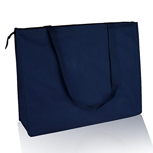 (12 Pack) Set Of 12- Reusable Non Woven Jumbo Zippered Tote Bag (Navy)