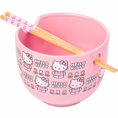 Silver Buffalo Sanrio Hello Kitty Flowers Pattern Ceramic Ramen Noodle Rice Bowl With Chopsticks, Microwave Safe, 20 Ounces