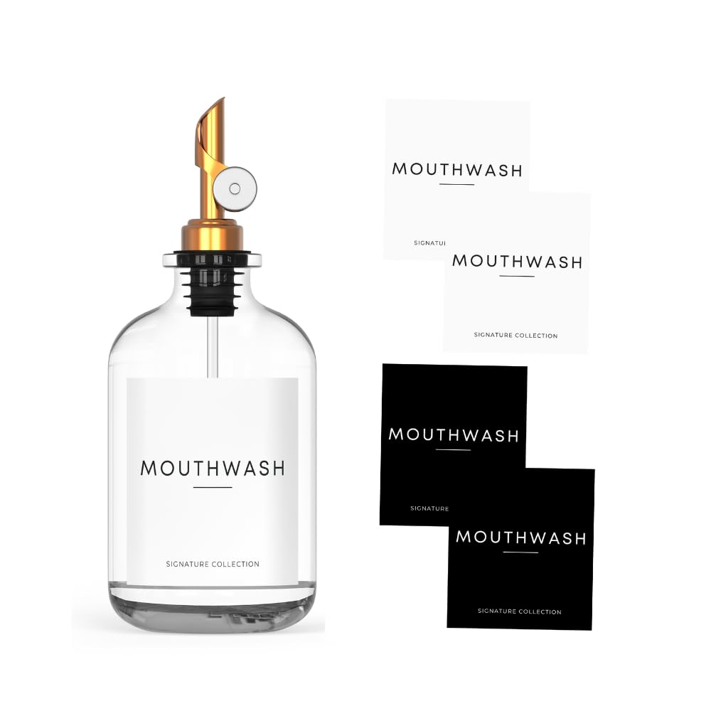 Washee Mouthwash Dispenser For Bathroom - Glass Mouthwash Container (12.7 Oz) With Weighted Pour Spout & 4 Mouthwash Bottle Labe