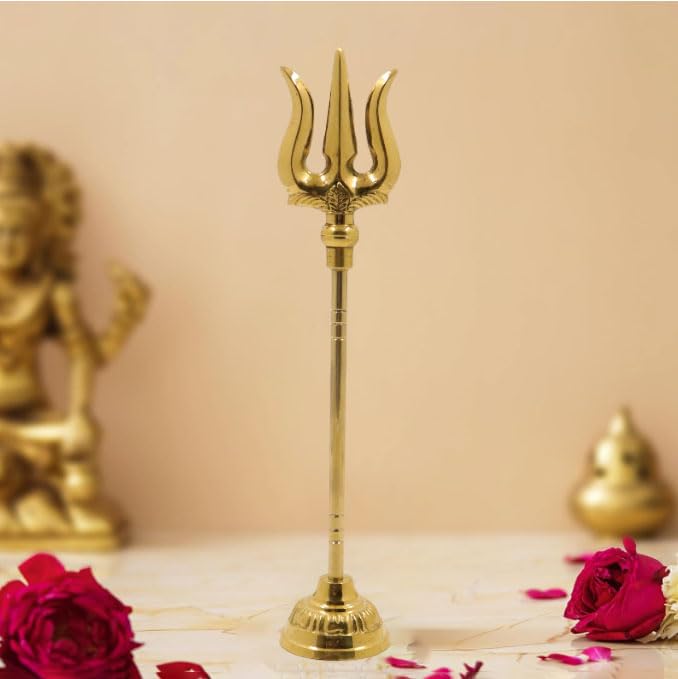 Spillbox Golden Brass Soolam Amman Trishul Brass With Round Base Kali Soolam Idol For Pooja Shiva Brass Thrishul (1)