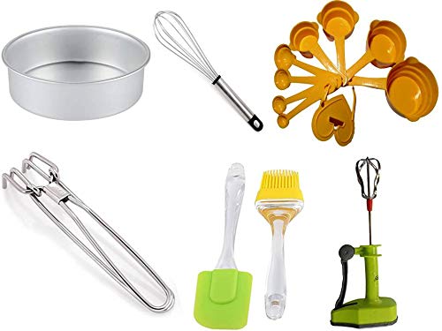 Peramu Traders 6 Combo Aluminium Round Shape Cake Baking Tray Large Size (8 Inch), Hand Mixer, Whisk, Silicone Oil Brush And Spa