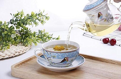 Ybk Tech Tea For One Set, Glass Teapot With Porcelain Infuser Strainer And Cup & Saucer- Happy Bird Pattern (Blue)