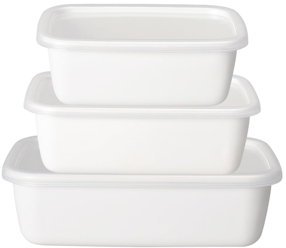Nodahoro Enameled Storage Container, Heat Resistant, Rectangle, Deep, S, M, L, Size, Set of 3 Sizes, Includes Seal Lid, White Se