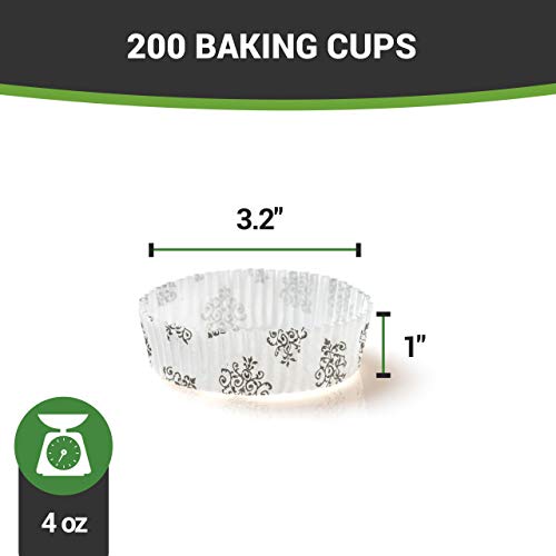 Panificio 4 Ounce Baking Cups, 200 Ridged Cupcake Liners - Oven-Ready, Freezable, Black And White Paper Muffin Cases, Disposable