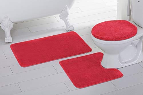 Better Home Style 3 Piece Bathroom Rug Set Bath Rug, Contour Mat, & Lid Cover Non-Slip With Rubber Backing Solid Color (Red)