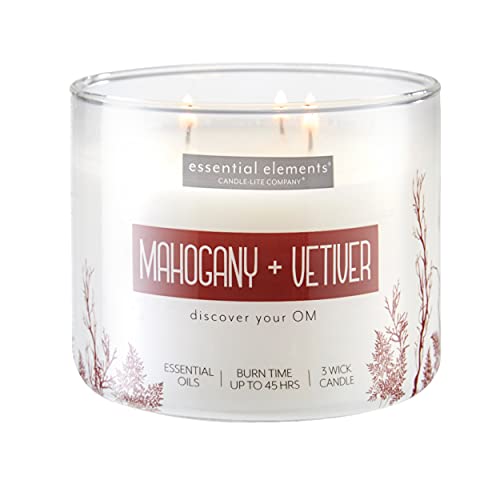 Essential Elements by Candle-lite Scented Candles, Mahogany & Vetiver Leaf Fragrance, One 14.75 oz. Three-Wick Aromatherapy Cand