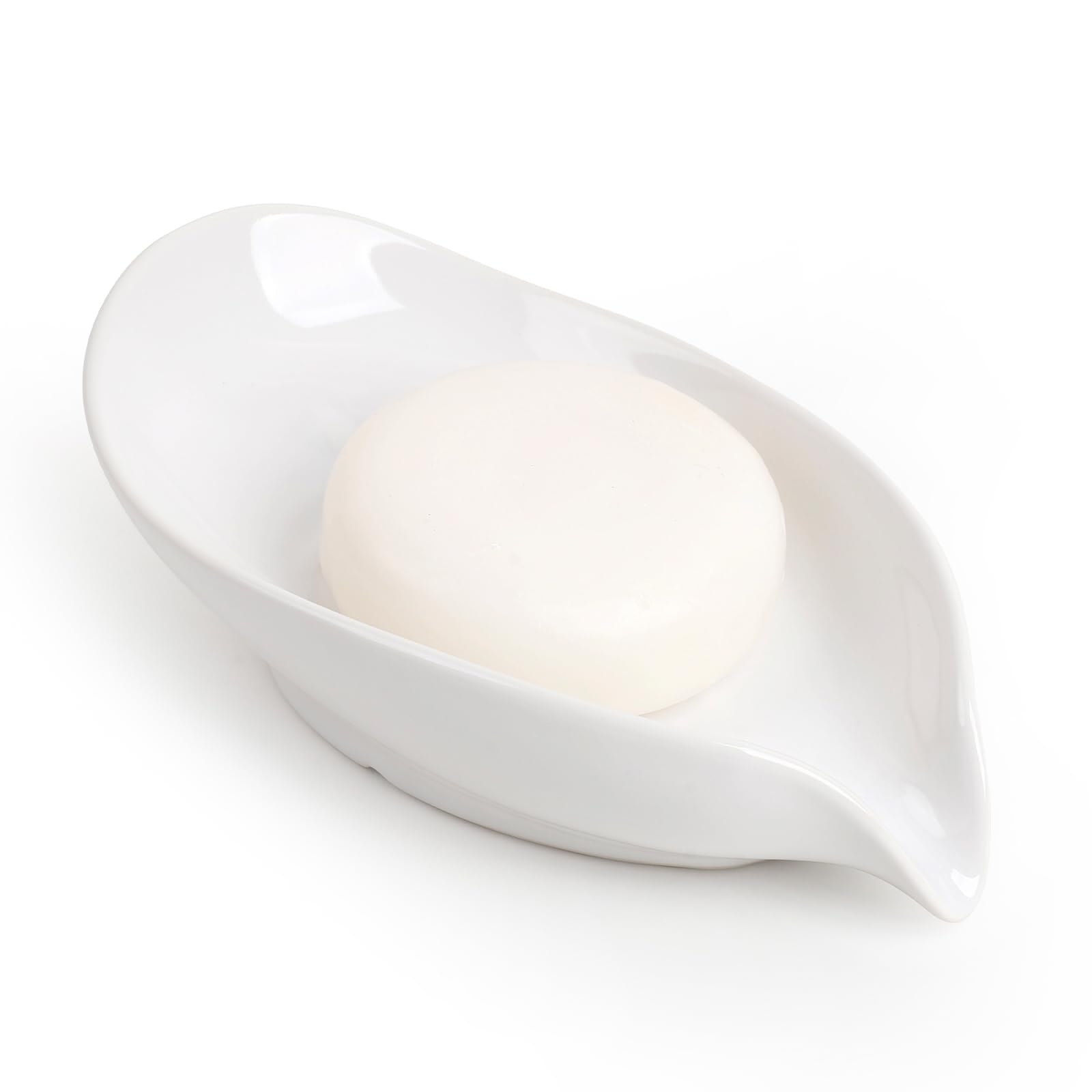 Soap Holder, Self-Draining Soap Dish, White Leaf Shape Ceramic Bar Soap Holder Drain Soap Dishes for Bathroom Sink Kitchen, Easy