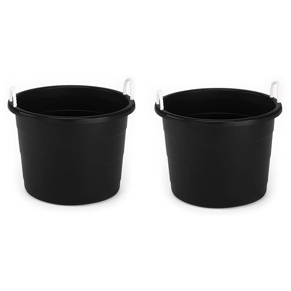 Homz 18 Gallon Plastic Multipurpose Utility Storage Bucket Tub With Strong Rope Handles For Indoor And Outdoor Use, Black, (2 Pa