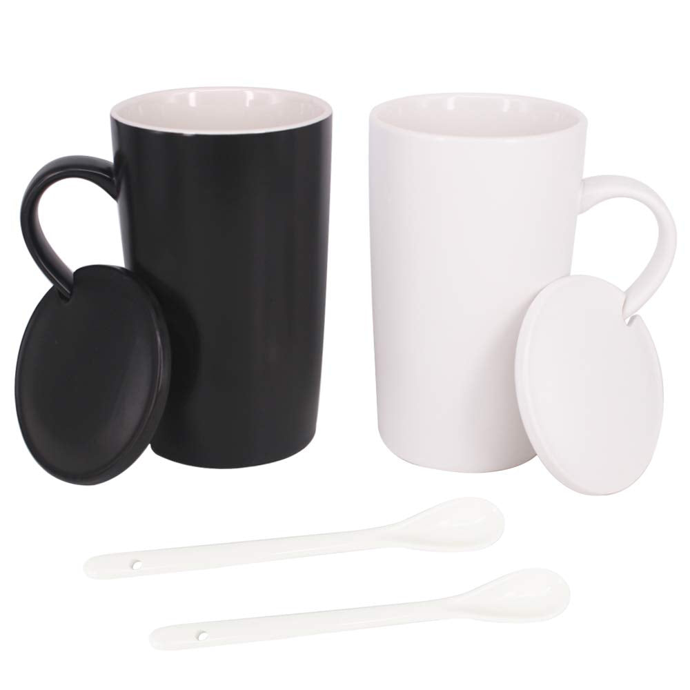 Bpfy 16Oz Set Of 2 Ceramic Coffee Mug With Lid And Spoon, Milk Cup Classic Mug Drinking Cups For Tea, Coffee, Cocoa, Black And W