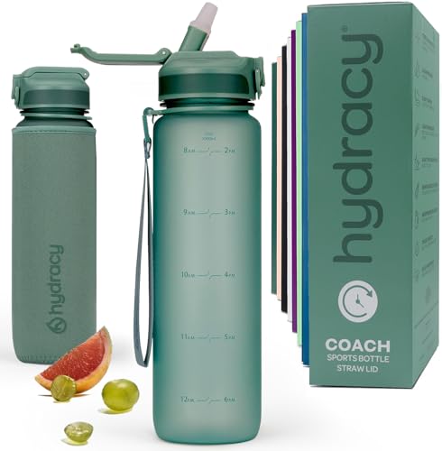 Hydracy Water Bottle with Times to Drink & Straw - Large 32 Oz BPA Free Motivational Bottle & No Sweat Sleeve -Leak Proof gym Bottle with Time Marker - Ideal gift for Fitness  Sports & Outdoors