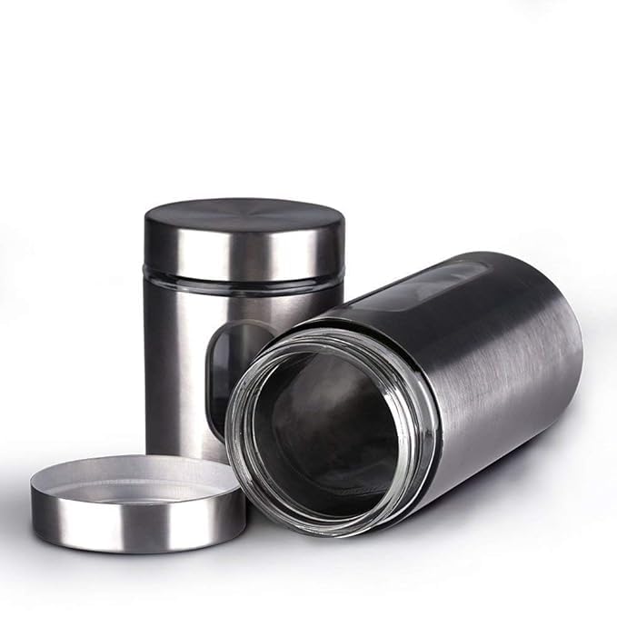 Gretzomall Stainless Steel Plated Glass Kitchen Canister With Airtight Lid 550Ml | Clear Window Glass Jars For Storage Food Spic