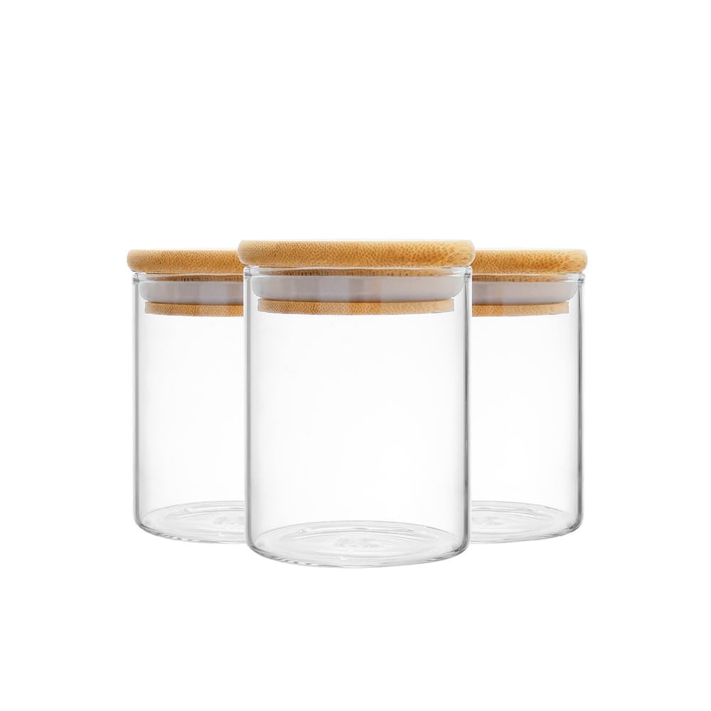 Gcrox 3Piece Glass Storage Jar Set With Bamboo Lids, 220Ml Each | Airtight Kitchen Containers For Dry Fruits, Snacks & Spices