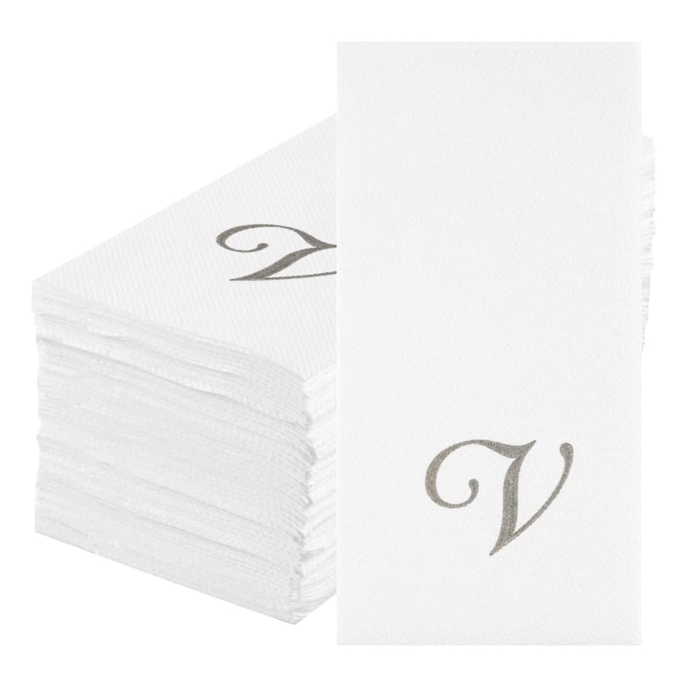 Luxenap 15.8 X 7.9 Inch Linen-Feel Guest Towels, 50 Disposable Striped Hand Towels - Silver Letter 'V', Cursive Font, White Pape