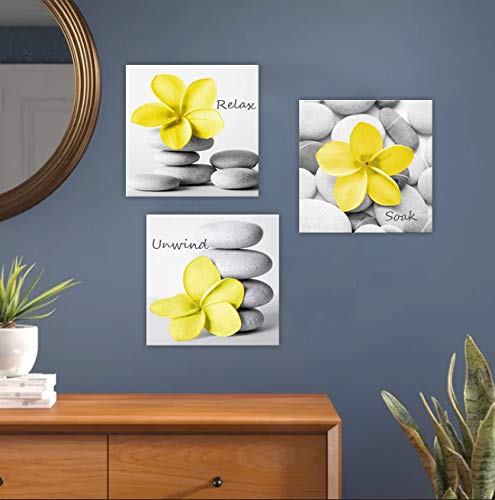 Genius Decor-Modern Yellow Gray Bathroom Wall Art Decor Zen Flowers Pictures Canvas Print Relax Soak Unwind Set Of 3 (Yellow Gra