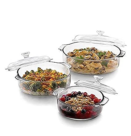 Dyomnizy Microwave Oven Safe Serving Bowl With Lid, Tempered Glass, For Rice And Boiling Food, 1000 Ml, Set Of 3