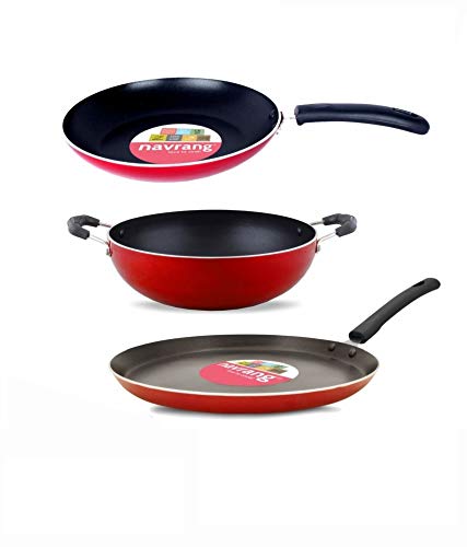 Navrang Non Stick Aluminium Heavy Cookware Set Of 3 Pcs | Nonstick Dosa Tawa 27.5Cm, Fry Pan 24Cm, Kadai 24Cm With Sturdy Handle