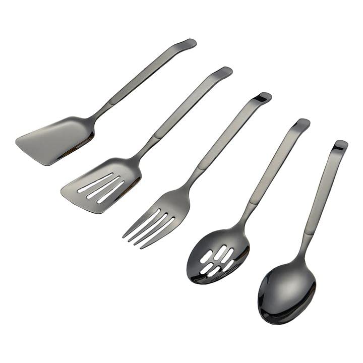5 Pcs Black Kitchen Utensils Set Slotted Spactula Wide Turner Serving Spoon Slotted Spoon Dinner Fork Cooking Tool Set