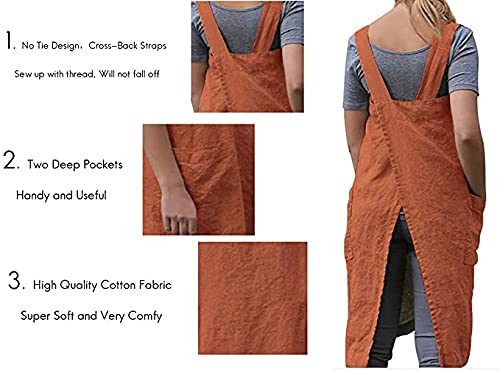 Women 'S Cross Back Pinafore Apron With Large Pockets Home Kitchen, Restaurant, Coffee House,Cooking Gardening Works Orange-Xl