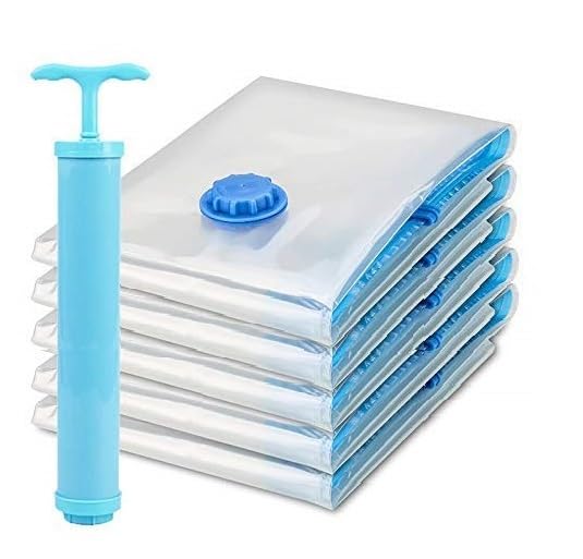 Vacuum Storage Bags For Clothes With Hand Pump | Space Saver Bags Reduce 80% Storage | Reusable & Airtight | Thick Plastic | 5 P
