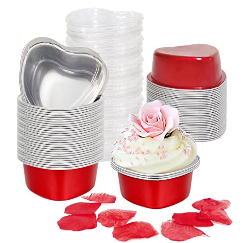 Blvryvio Heart Shaped Cake Pans For Baking With Red Petals, 50 Sets Aluminum Cupcake Cups With Lids, 100 Ml/ 3.5 Ounces Red Disp
