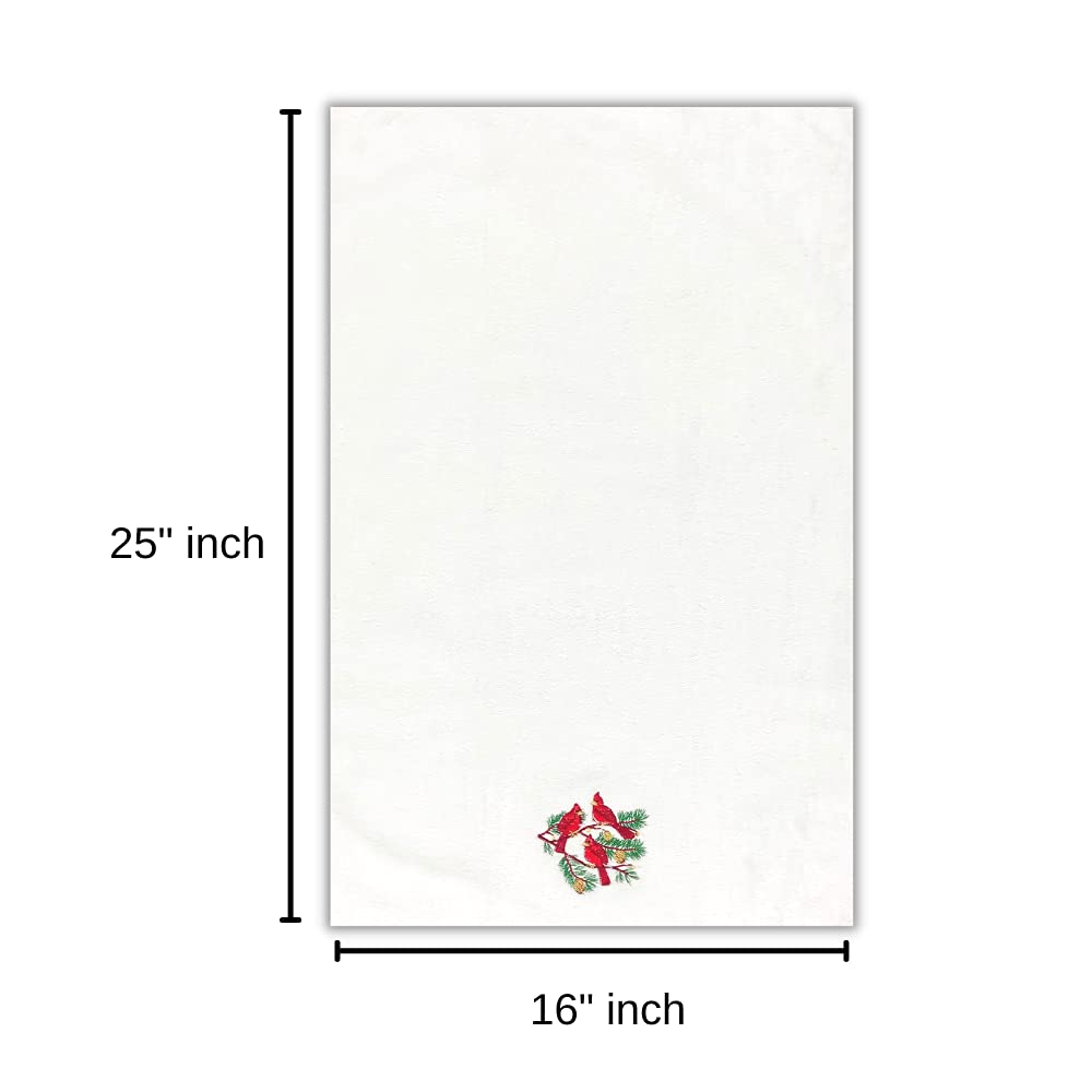 Christmas Hand Towels: Plush Velour Cotton With Embroidered Winter Cardinal Birds On Pine Tree, Set Of 2