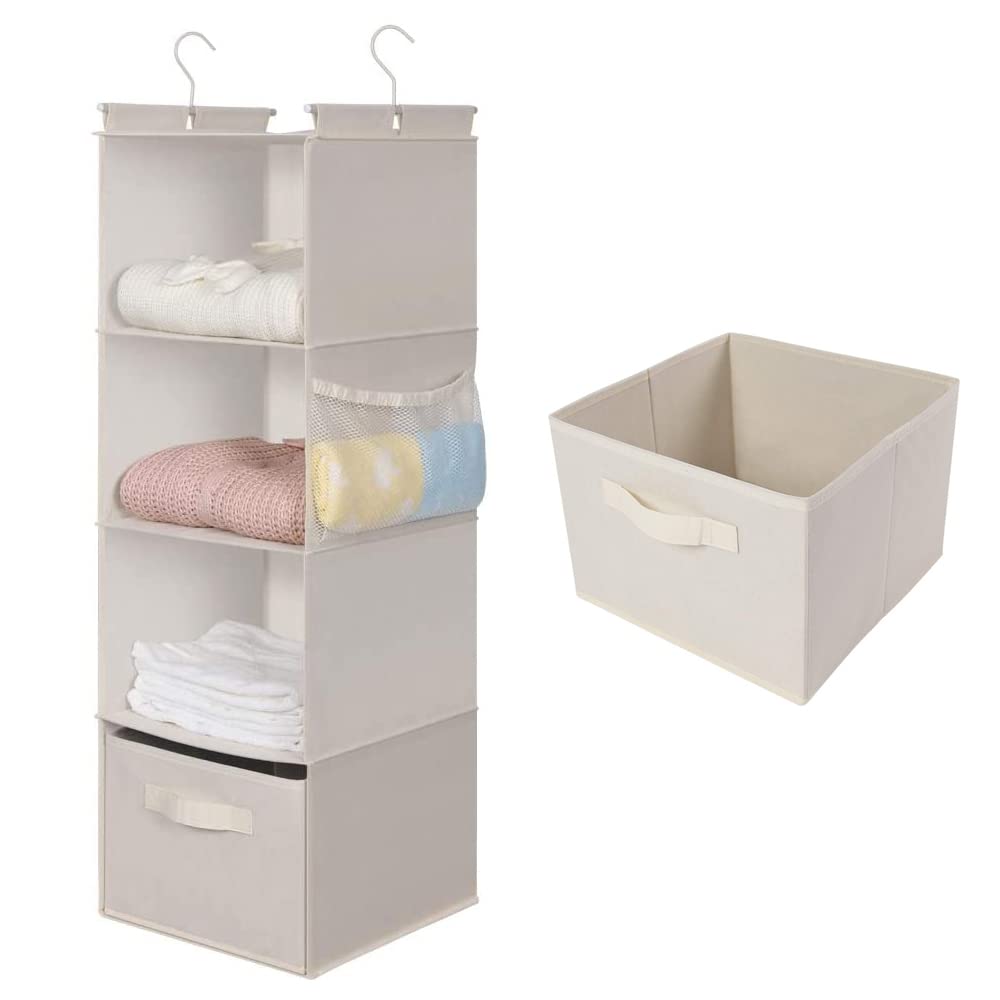 Max Houser 4-Shelf Hanging Closet Organizer, Space Saver, Cloth Hanging Shelves With 2 Side Pockets, Foldable (Beige)