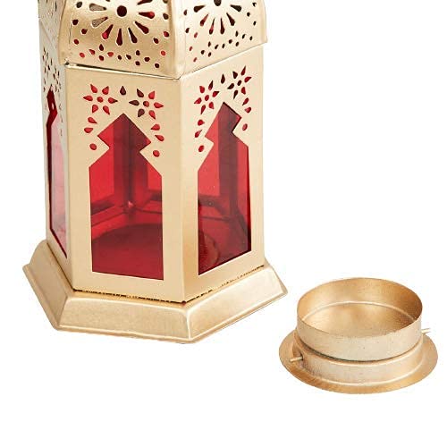 BWO Moroccan Hanging Lantern | Laltern Lamp with Tealight Candle Holder (Set of 6, Combo) (Gold RED Glass)