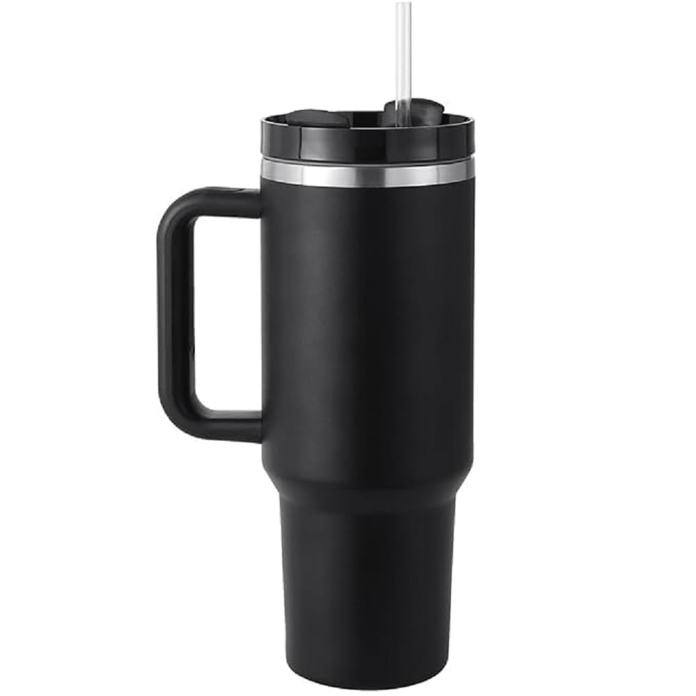 Mankarm Store 40 Oz Stainless Steel Tumbler With Handle And Straw Lid, Insulated Travel Mug Cup With Rotating Lid, Silicone Grip